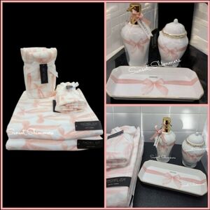 9pc Pink Parisienne Coquette Bow Bath Hand Tip Towel Set Soap Pump Jar & Tray